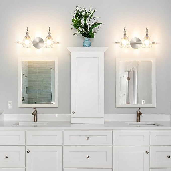 Vintage Vanity Light Fixtures for Bathroom, 2 Light Brushed Nickel Vanity Lighting Over Mirror, Bathroom Light Fixtures with Flower Clear Glass, Farmhouse Sconces Wall Lighting for Hallway
