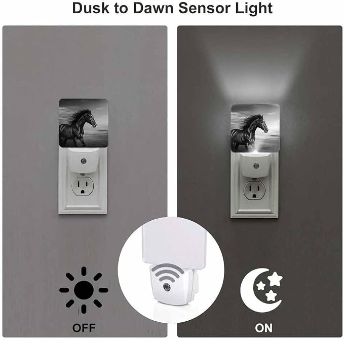 Black Horse Night Light Animal Running Horse on Desert Plug into Wall with Dusk to Dawn Light Sensors 0.5W Warm Nightlights for Bedroom Bathroom Hallway