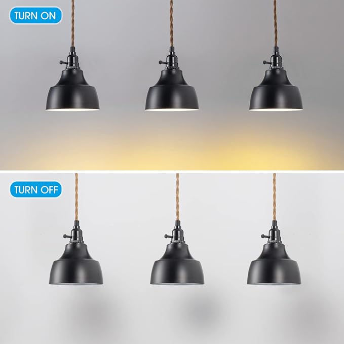 3 Light Plug in Pendant Light Cord 22FT Farmhouse Hanging Lamp | Industrial with Twisted Hemp Rope Independent Triple Switch Hanging Light Chandelier for Dining Room