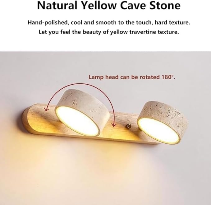 Farmhouse Wood Vanity Light Fixture Nordic Style Stone Wall Lamp Natural Travertine Shade Linear Bathroom Wall Sconce 4 Lights Rotatable LED Wall Light Over Mirror - Natural Wood Color