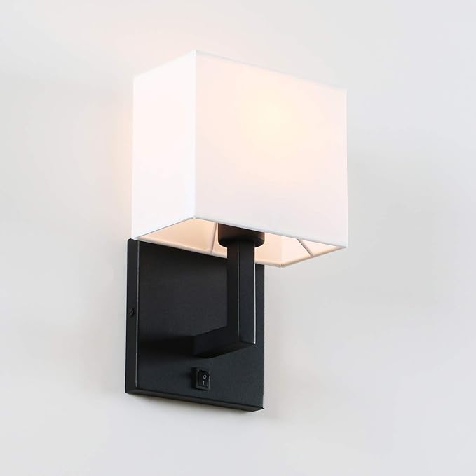 PERMO Single Wall Sconce Black Finish Light Fixture with White Textile Shades and On/Off Switch Button Small Modern Nightstand Lamps for Bedrooms Bedside Reading