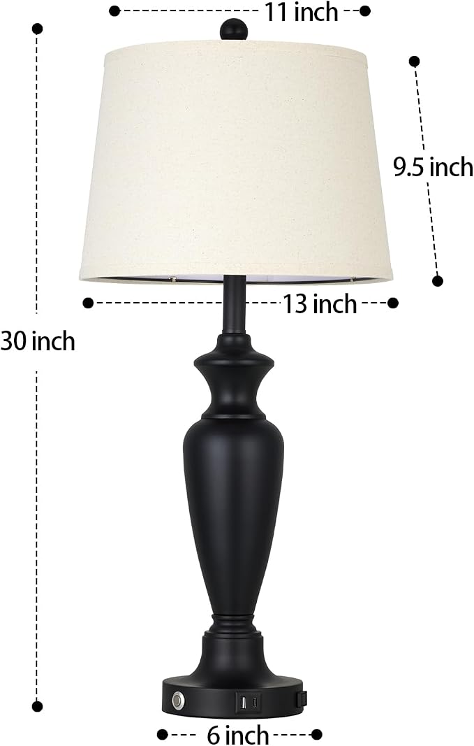 Black Table Lamp for Living Room Single, 30″ Tall Touch Control Bedside Lamp for Bedroom, 3-Way Dimmable Nightstand Lamp with USB A+C Ports and AC Outlet (1 Pack)
