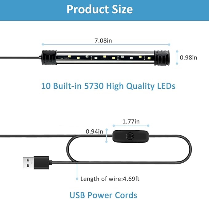 LED Aquarium Light 3 W Underwater USB Fish Tank Light Blue Submersible Aquarium Light 7in