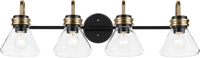 Kichler Farum 4-Light Bathroom Vanity Light, Black | Modern vanity light with clear glass for single or double mirrors (34" x 9.5"), 55156BKCLR