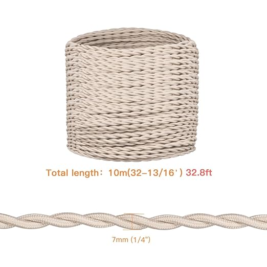 Helunsi Twisted Cloth Covered Wire, Ivory 18/2 Fabric Covered Electrical Wire, 32.8ft Vintage Lamp Cord, For DIY Projects