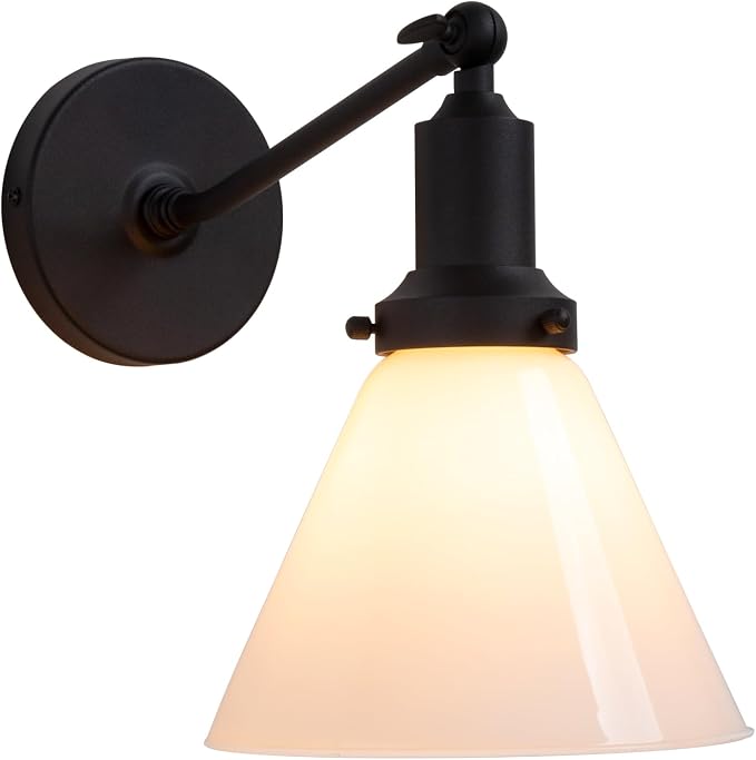 Industrial Vintage Slope Pole Wall Mount Single Sconce with Funnel Flared Milk White Glass Shade Matte Black Wall Sconce Light Lamp Fixture