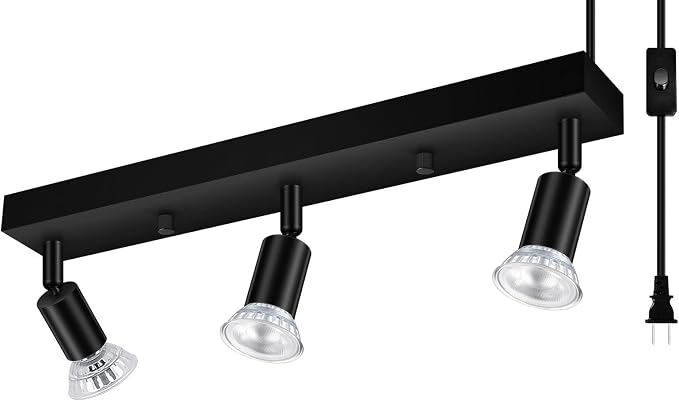 3 Head Plug in Track Light Fixture Black, Easy Install Corded Track Lighting Kit with Switch, Adjustable Directional Spotlight for Kitchen Island Closet Art Display, Modern Ceiling Lamp,15ft Cord