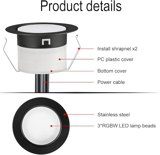 FVTLED Low Voltage Recessed RGBW Deck Light, 30pcs Φ1.22 RGB & Warm White Stainless Steel Waterproof Outdoor Step Lighting In-ground Landscape Pathway Patio Stair Decor Lamp, Black