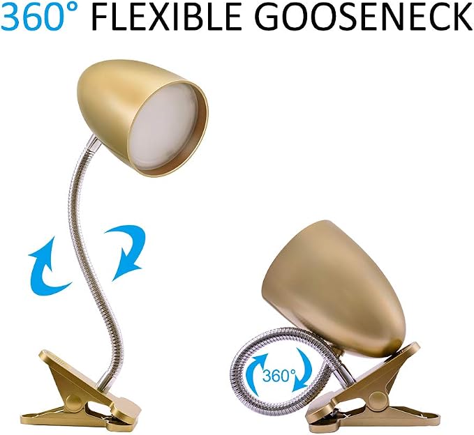 E ENERGETIC LIGHTING Clip on Light for Bed, Non-Dimmable Clip on Reading Light for Bed, 4000K Cool White, 3.5W 240 LM Desk lamp with clamp, Eye Protection, ETL Listed, Gold