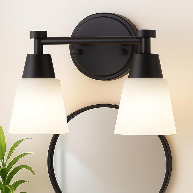 Bathroom Vanity Light, 2 Light Modern Matte Black Stainless Steel Over Mirror Vanity Light Fixture with Frosted Glass, Wall Sconces Lighting for Bedroom Living Room