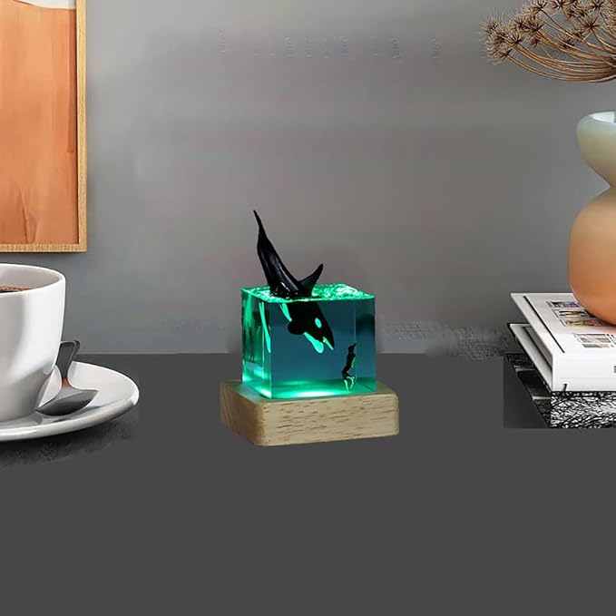 Shark Diver Night Lamp, Table Lamp, Handmade Resin Shark Lamp, Ocean Resin Cube Jewelry, Glow-in-the-Dark Night Lamp, Novelty Desktop Gift (Humpback Whale - Entering Water)