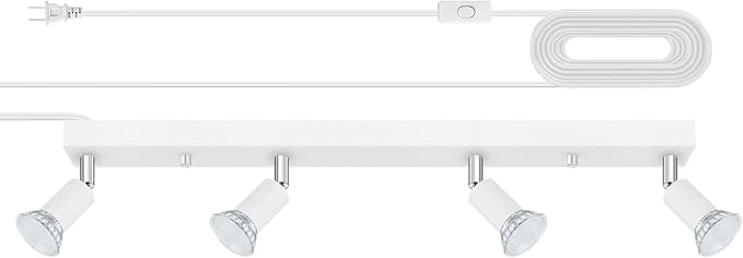 AUQUEE Plug in Track Light, White, 23", 4 Way GU10 Track Ceiling Lighting | Wall Spotlight, Rotatable Track Head, For Kitchen Cabinet Gallery Bar Hallway Living Room, Rocker Switch, 15 FT Cord