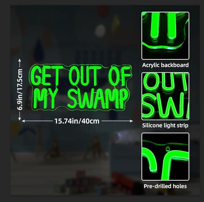 Get Out of My Swamp Neon Sign Green Led Signs for Bedroom Wall USB Funny Neon Lights for Home Theme Party Birthday Kids Room Decor