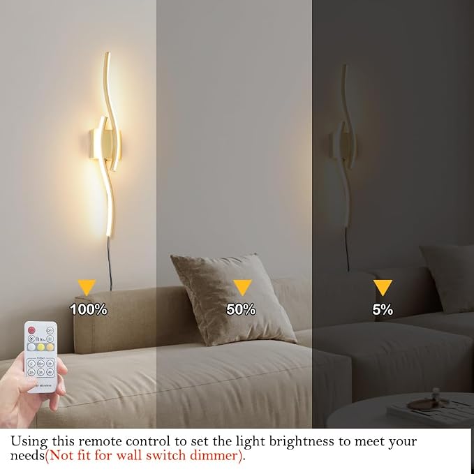 Daunton Modern Gold Plug in Wall Sconce Set of 2, Indoor Dimmable Light Fixture with Plug in Cord for Living Room, LED Sconces Lighting with Remote Control, Wall Lighting Decor for Hallway Bedroom