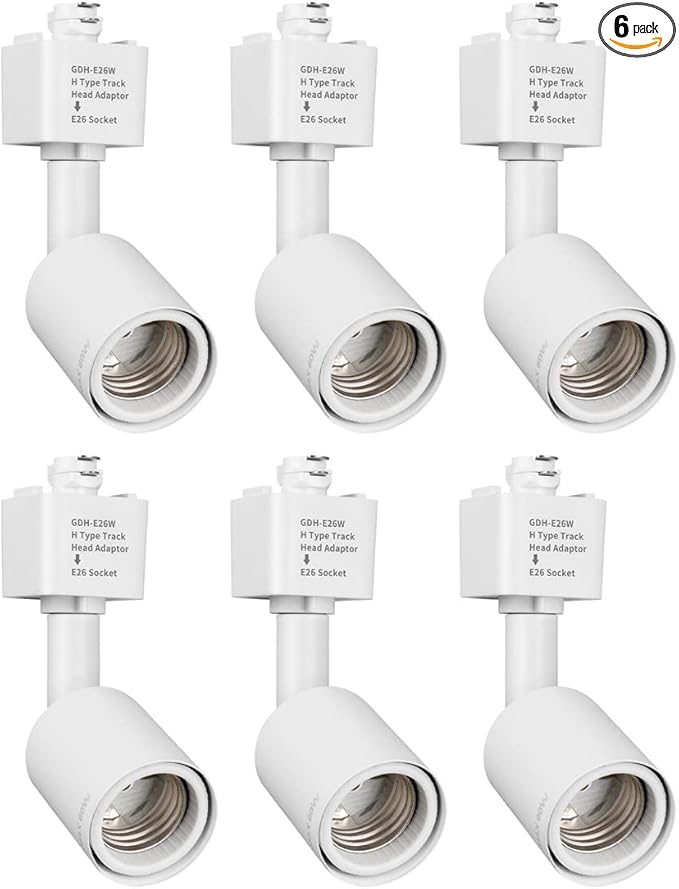mirrea H Type Track Lighting Head to E26 Medium Screw Base Adapter Light Direction Adjustable Pack of 6 (White)