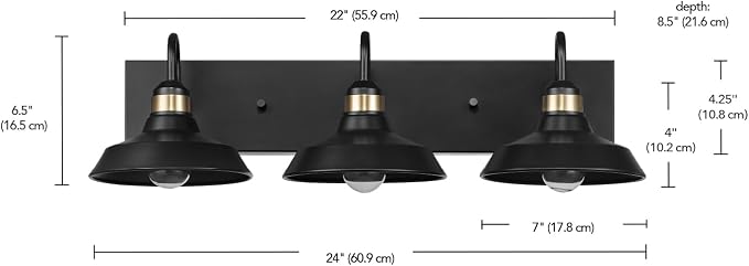 Globe Electric 63000199 24" 3-Light Vanity Light, Matte Black, Brass Accents, Exposed Bulb, Bathroom/Makeup Mirror, Wall Light