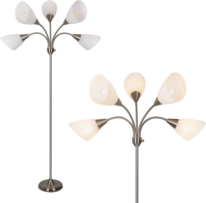 HonoDing Medusa Floor Lamps Standing Lamps 5 Heads Adjustable Reading Light Large Shade Use E26 A19 Bulb for Living Room Bedroom Satin Nickel