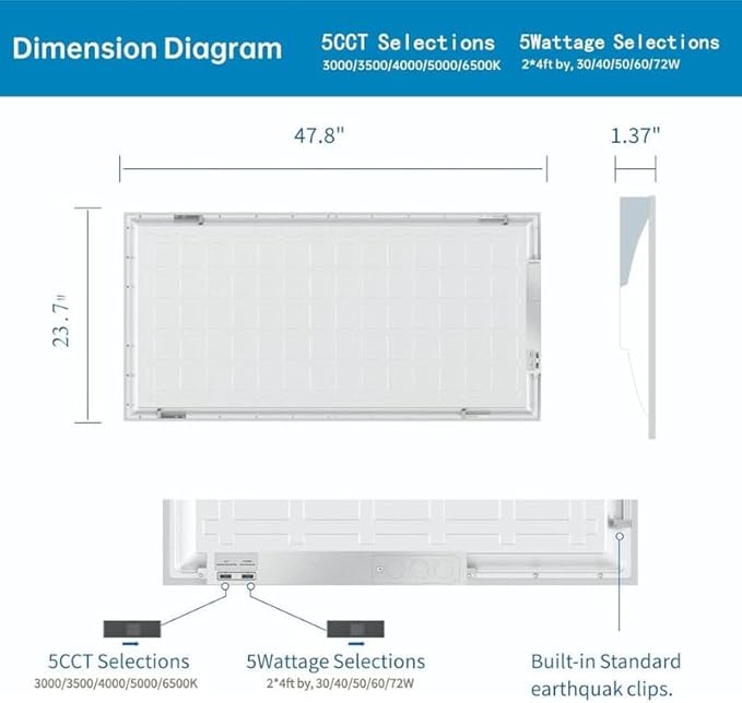 2x4 FT LED Light Flat Panel, 40/50/60W, Color Temperature Selectable 3K | 4K | 5K, Dimmable Recessed Drop Ceiling Lights, 5000/6250/7500 Lumens, Lay in Fixture for Office, 120-277V, UL DLC(6 Pack)