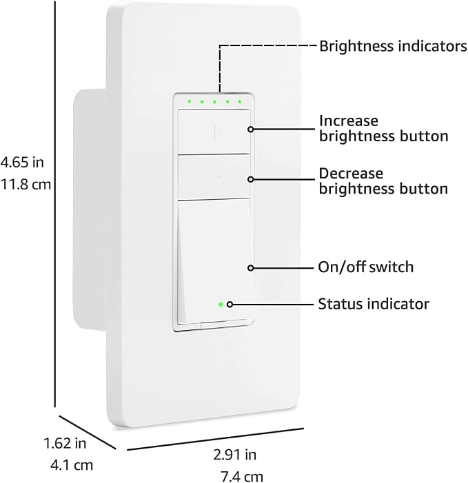 Amazon Basics Smart Dimmer Switch, Single Pole, Compatible with Alexa Only, Voice Control, 2.4 GHz Wi-Fi, No Hub Required, Neutral Wire Required, White (Pack of 2)