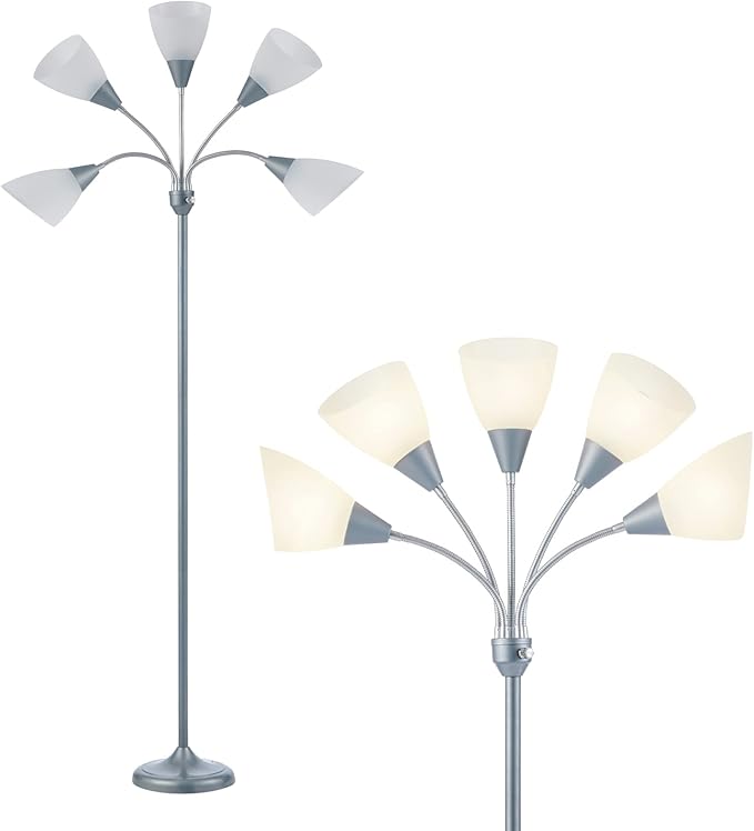 HonoDing Medusa Floor Lamps Standing Lamps 5 Heads Adjustable Reading Light Large Shade Use E26 A19 Bulb Floor Lamps for Living Room Bedroom (Silver)
