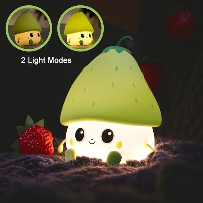 Green Strawberry Night Light, Cute Fruit Night Lamp for Kids Bedroom USB Rechargeable Lamps 2 Brightness Levels, Nursery Bedside Delay-off Nightlight for Baby Boys Girls Birthday Christmas