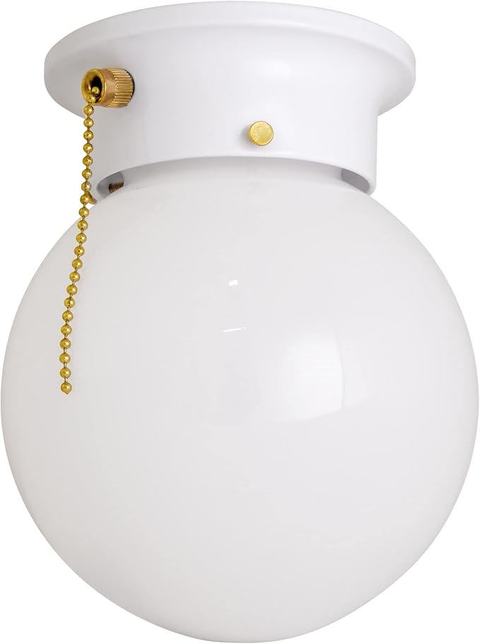 Design House Millbridge Globe 6 Inch Diameter Indoor Ceiling Light Fixture with Pull Chain, for Bedroom, Hallway, Closet & Dining Room, Opal Glass, White, 510040 | Dimmable, Ceiling Mount, Traditional, Steel, Lighting, 510040