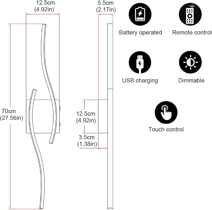 Battery Operated Wall Sconce Set of 2, Gold USB Rechargeable Wall Sconces, Dimmable Cordless Battery Wall Sconces with Remote Control, LED Wireless Lighting for Living Room Hallway Bedroom, 27.56in