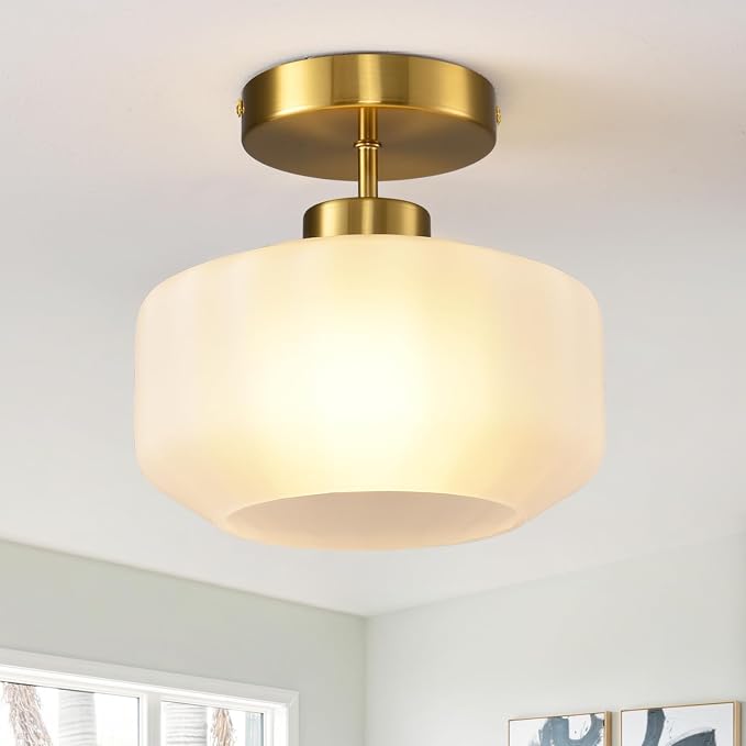 Industrial Gold Matte Light Fixtures Ceiling Mount, with Frosted Glass Shades Semi Flush Mount Ceiling Light, for Hallway Fixtures Kitchen, Foyer