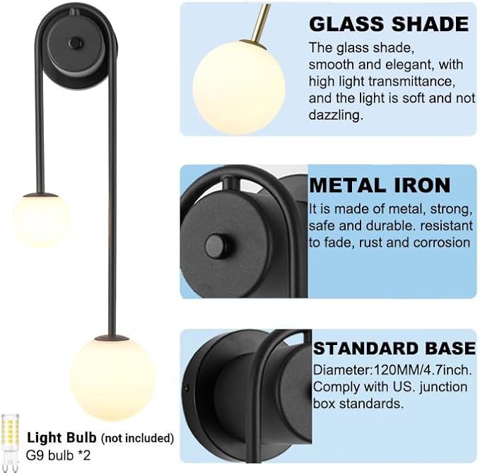 Black Wall Sconce Mid Century Black Wall Lamp Modern U-Shape Linear Wall Light with White Milk Glass Shade Wall Lamp for Bedside Dining Room Bathroom,G9 Bulb