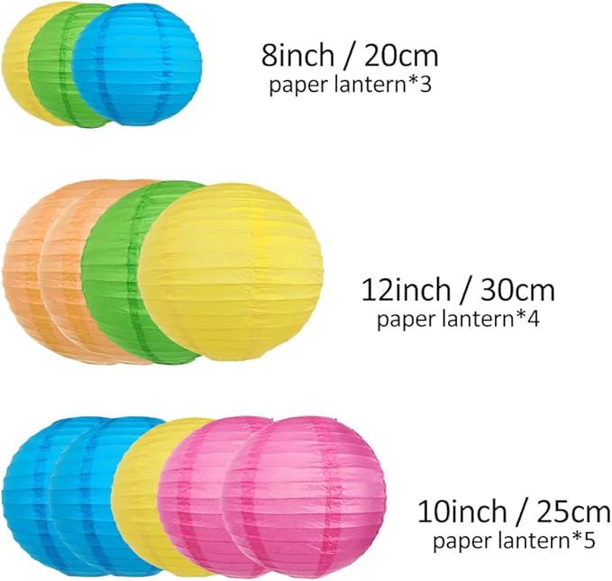 DazzLiteer 12pcs Colorful Paper Lanterns with LED Light, Decorations Round Hanging Paper Lantern Lamps for Birthday, Wedding, Party, Home Decorations (Size of 8”, 10”, 12”)