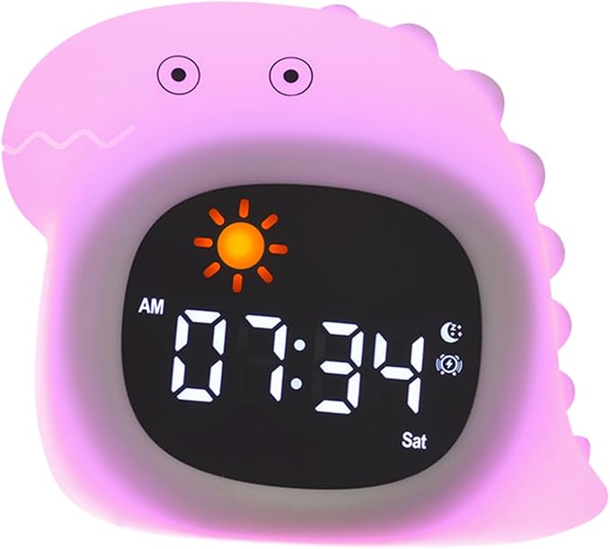 Dinosaur Cartoon Ok to Wake Alarm Clock, White Noise Tap Night Light | 6 White Noise Sounds, 8 Light Modes, Dual Alarm & Snooze, Dimmable LED, Type-C Rechargeable, 12/24 Hour Display