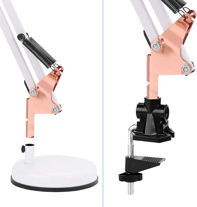 PowerKing Metal Swing Arm Desk Lamps with Base & Clamp, White Rose Gold | Adjustable Architect Lamp, On Off Switch, Fits E26 E27 Bulbs, Eye-Caring Reading Light, for Home Office Work Study