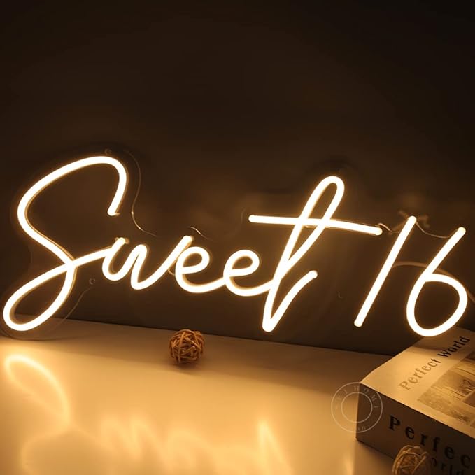 SYLHOME Sweet 16 LED Neon Light Sign 17"X7.3" 5V Sweet Girls Adults Bedroom Happy 16th Birthday Party Wall Decor Beautiful Bestie Sister Gift USB Warm White