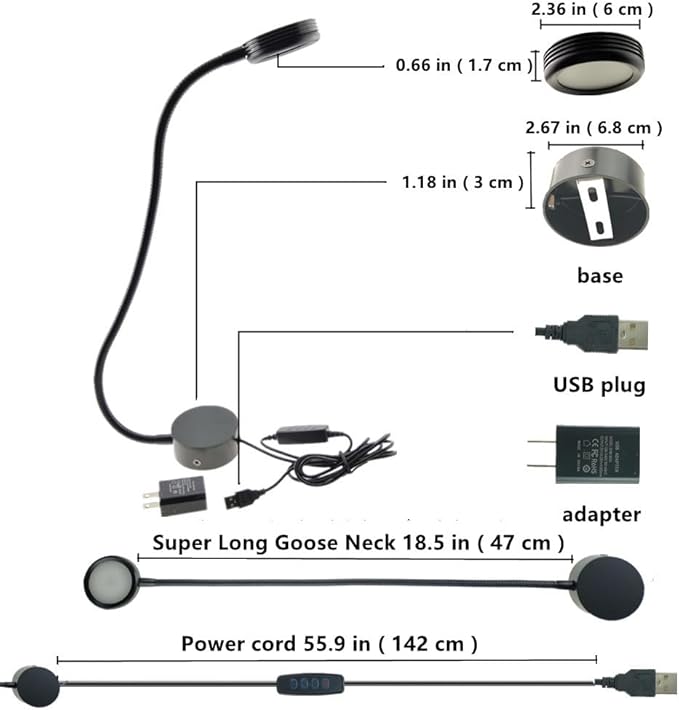 2-Pack 3W Wall Mounted LED Light, 3 Color Temperatures (3000K-4500K-6000K) and 10-Level Dimmable Gooseneck Lamp, 48cm Flexible Neck with 360 Rotation, USB-Powered for Bedroom, Office, Closet