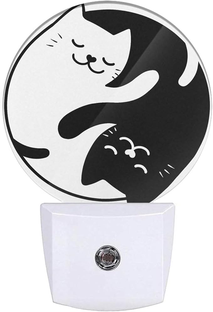 Tai Chi Cat Nightlight Two Black White Cats Kitten Night Lights Plug into Wall Dusk to Dawn Sensor Round Night Light for Adults Boys Girls, 0.5W Energy Efficient