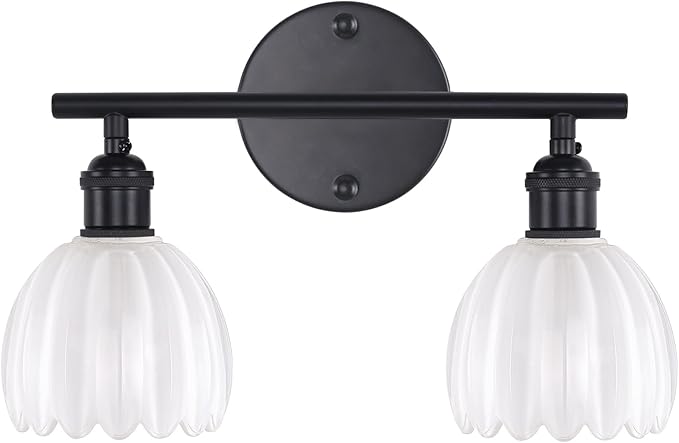 Bathroom Light Fixtures, 2-Light Black Vanity wall Light Over Mirror with White Tulip Glass Shade for Bedroom Living Room (Bulb Not Included)