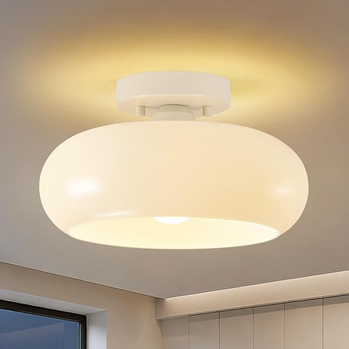 WOKNOS Mid-Century Modern Cream White Semi Flush Ceiling Light 11.0 Inch | Small Glass Shade Close to Ceiling Lighting Fixture Kitchen Entryway Hallway Bathroom Closet Bedroom Laundry Room