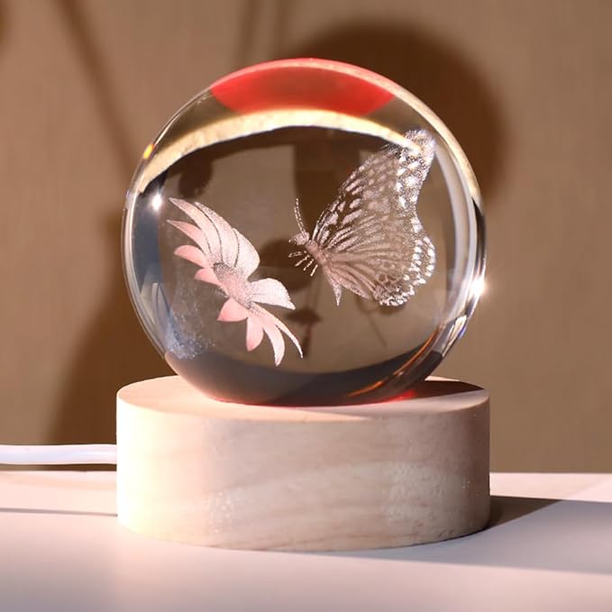 Butterfly Gifts for Women Her 3D Crystal Ball Butterfly in Glass Ball 60mm Night Light Gifts for Girl Adults with Multicolor Lighting Base