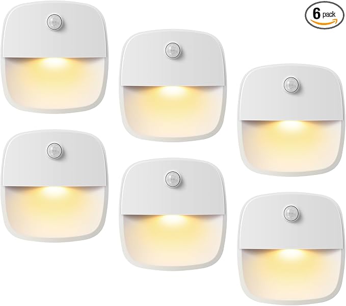 AMIR Upgraded Motion Sensor Stair Light Indoor (Warm White - Pack of 6) | Battery Operated, Cordless Stick-On LED Night Light for Closet, Hallway, Bathroom, Kitchen, Cabinet, Energy Efficient