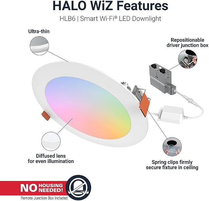 HALO HLB6099WZRGBWMWR 6” Smart Wi-Fi Slim Canless LED Downlight Powered by WiZ Pro, Dimmable Full Color with Smart Home Integration (Pack of 4)