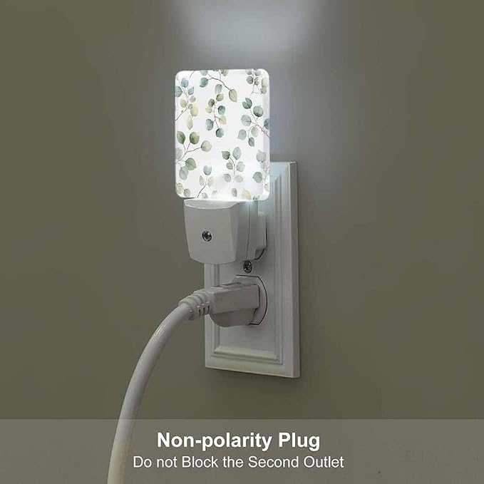 Green Leaves Night Light Plug-into Wall Eucalyptus Round Leaved Branches Nightlight Lamp with Dusk to Dawn Sensor, Led Lamp 0.5W Energy Efficient for Home Decor