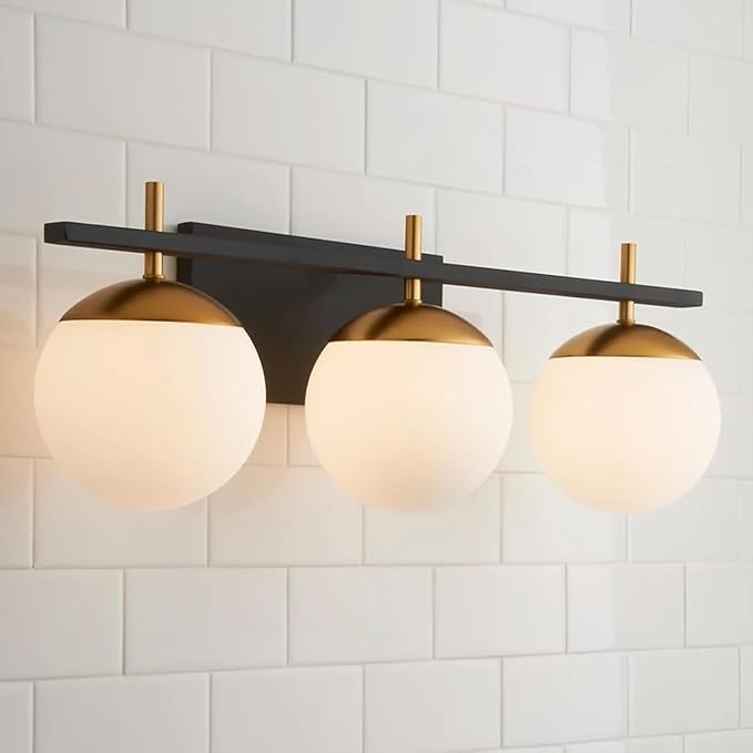 Mid Century 3-Light Bathroom Vanity Light Over Mirror, Black and Gold Modern Bathroom Light Fixtures with Milky White Frosted Glass Globe Shade, Wall Sconces for Bathroom, Stairs, Kitchen