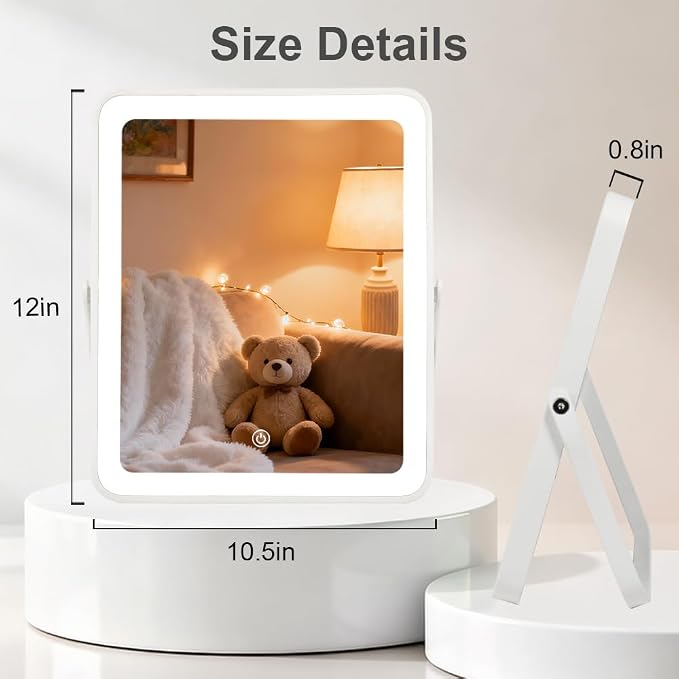 YEKKOPT Portable Desk Vanity Mirror with Lights,12"×10" Small Rechargeable Makeup Mirror with Lights,Smart Touch Screen with 3-Color Lighting,Dimmable,for Dorm Tabletop,Bedroom,Decor