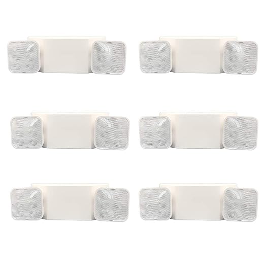 Amazon Basics LED Emergency Light, UL Certified, Fire Resistant, Battery Backup for Power Failure, Adjustable Two Heads, Wall Mount, White, 6-Pack