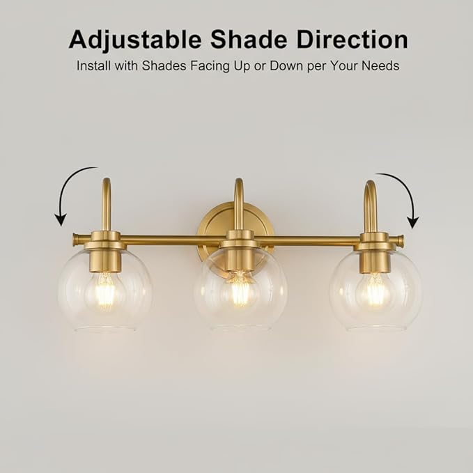 Gold Vanity Light, 3 Light Bathroom Light Fixtures, Modern Bathroom Vanity Lights Fixtures Over Mirror with Clear Glass Globe Shade, Gold Wall Sconces for for Mirror Bathroom Hallway (E26 Base)