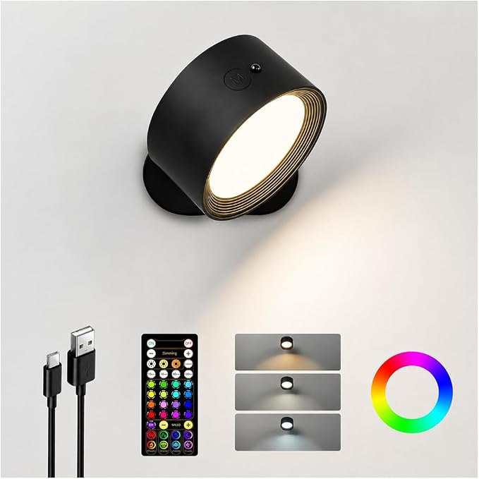 Rechargeable RGB Wall Sconces with Remote, Dimmable 360° Lights | 80 RGB Colors, 3 Color Temperatures, Remote and Touch Control, Ideal for Gaming Rooms and Bedrooms