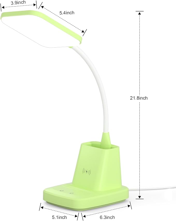 LED Desk Lamp with 10W Wireless Charging & Pen Holder, Light Green | CRI 95, 800LM, Stepless Dimming, 3 Modes, 360°Flexible Arm, Touch, Study Table Lamp for Home Office, Dorm Room, with Adapter