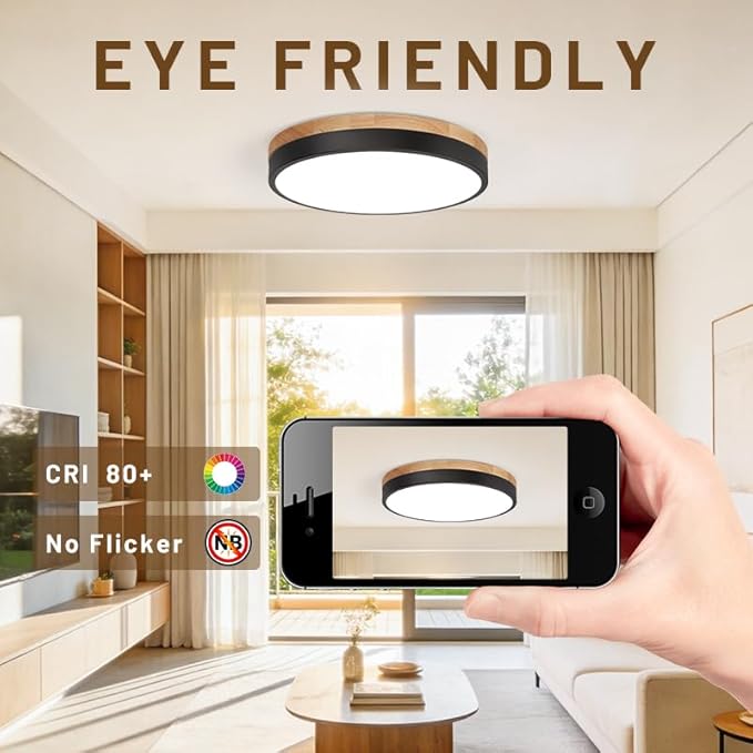 11.8 inch Wood Led Flush Mount Ceiling Light, Dimmable, 5CCT 3000K-6000K Selectable, 36W, 3600LM, Round Modern White Light Fixture Ceiling Mount for Bedroom, Laundry Room,Kitchen, Hallway, Black