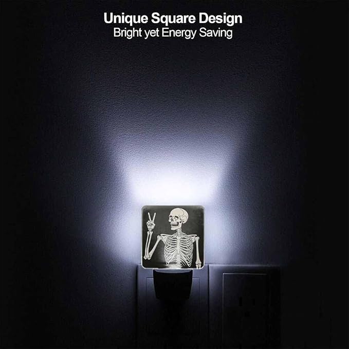 Skeleton Night Light Plug-into Wall Human Skeleton Posing on Black Background Nightlight Lamp with Dusk to Dawn Sensor, Led Lamp 0.5W Energy Efficient for Home Decor