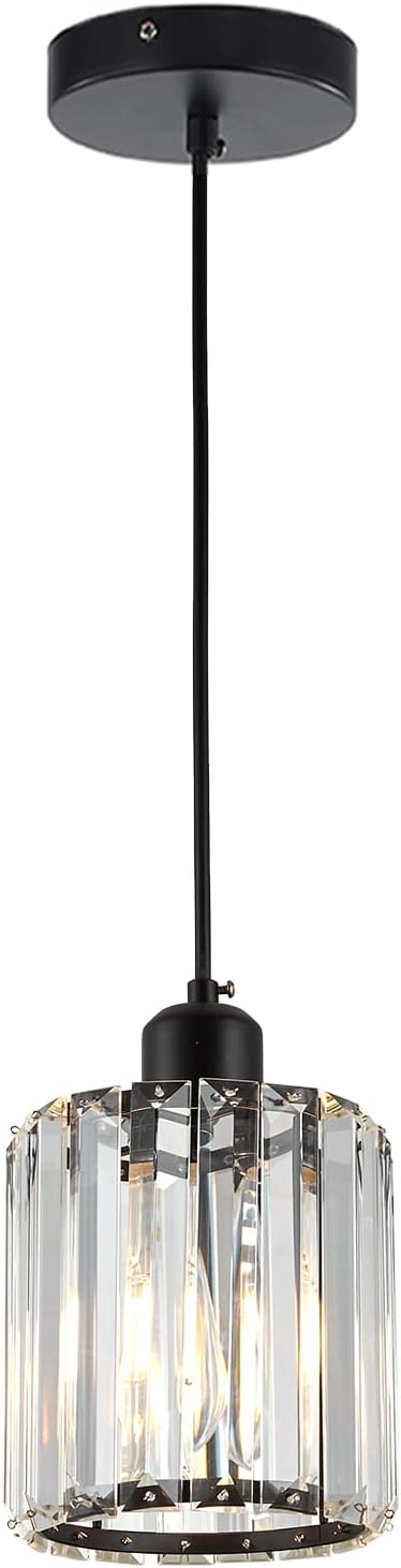 Modern Mini Crystal Pendant Light for Kitchen Island Counter Bar Dining Room Bedroom, Cylinder Crystal Pendant Lighting Fixture, Matte Black Finish